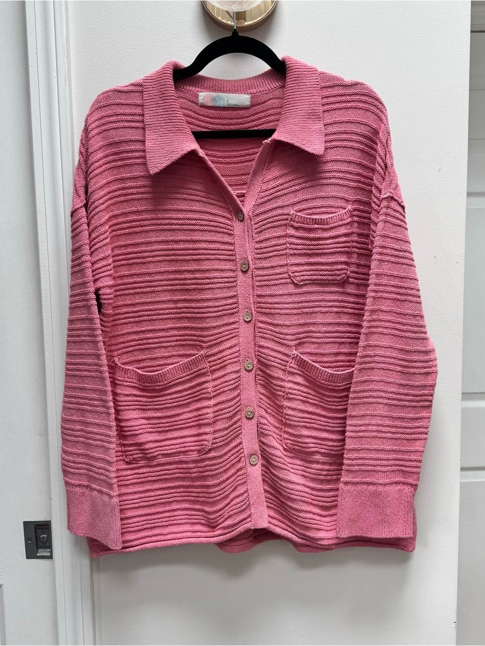 Free People Soft Ribbed Pink Button-Front Cardigan with Pockets